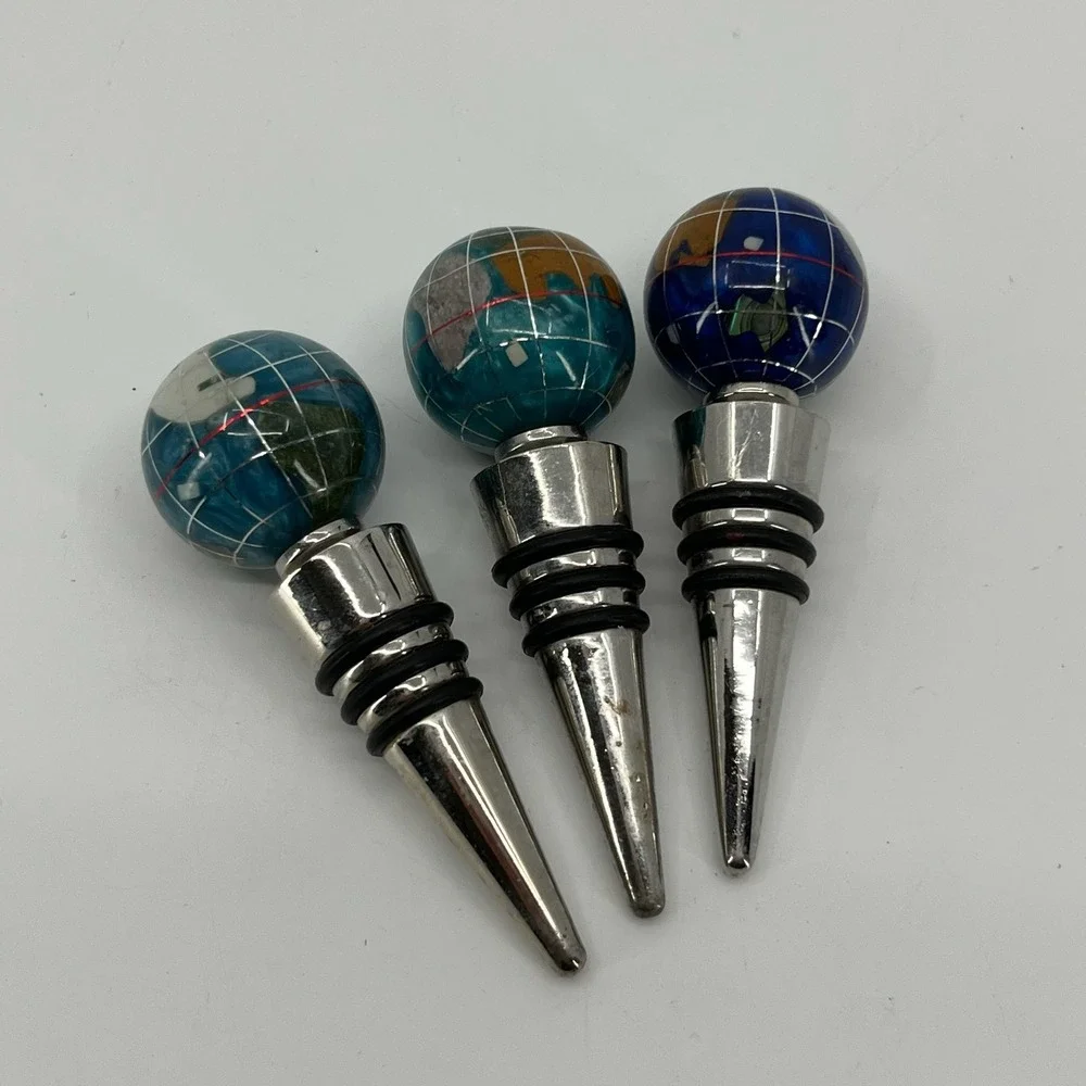 Alexander Kalifano Wine Bottle Stopper SET of 3 Blue Globe Gemstone Inlay